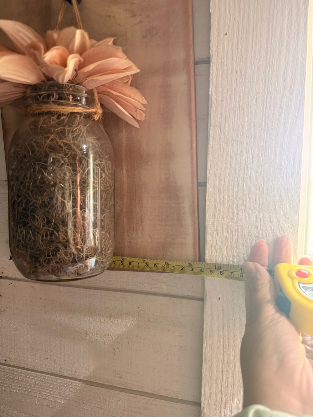 Set of two Rustic Hanging Mason Jar Wall Vase with Peach Floral Accent